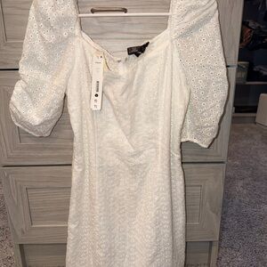 Aqua White Puff Sleeve Eyelet Dress
